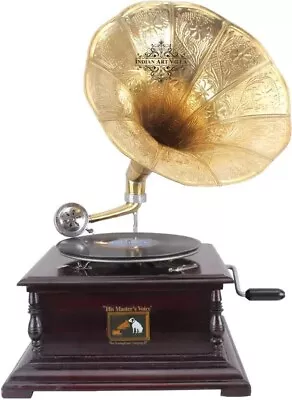 Vintage His Master's Voice Gramophone Wooden Brass Nautical Horn Gift Decorative • $319.65