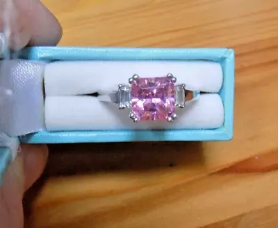 Ladies RING 925 Silver Pink Cubic Zirconia Diamonique  Side Full Stamps Size R • £27.99