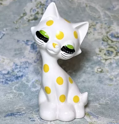 Vintage MCM 50’s 60’s Long Eyelash Kitty Cat Figurine Yellow Polka Dot *Crazed* • $18