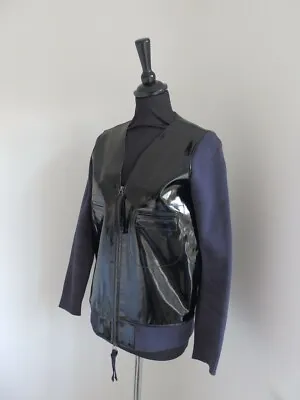 H&M Marni Designer Black Patent Leather Jacket With Navy Knit Sleeves SIZE 10 • £27