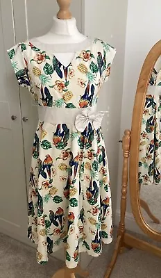 Lindy Bop UK 12 Kelly Tropical Parrot Pineapple Print Swing Dress Pin Up 50’s • £8.99