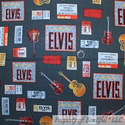 BonEful Fabric FQ Cotton Quilt VTG Black RED Elvis Presley Music Guitar Military • $15.75