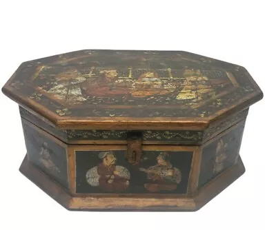 Antique Wooden Box  India Handpainted Large Indian Mughal Wooden Octagon Rare • $399