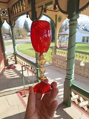 Vintage Handblown Venetian Murano Red Glass Wine Stem W/ Gold Fleck • $24.95