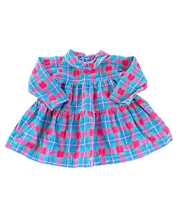 Osh Kosh B'Gosh Kids Girls Toddler Blue Flower Plaid Collar Dress Vtg USA 24 Mos • $11.99