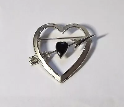 Vintage Navajo Sterling Silver Heart Shaped Onyx 1 1/4  Heart & Arrow Pin SIGNED • $18.99