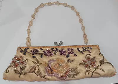 Vintage Satin Beaded /Embroidered Beige & Peach Purse With Metal Frame & Clasp • $18