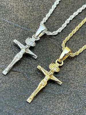 Small 0.75  925 Silver Plain Gold Plated Cross Jesus Crucifix Pendant Necklace • $22.48