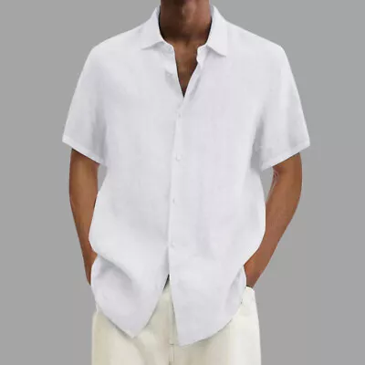 Mens Short Sleeve Summer Dress Shirt Casual Solid Button-up Loose Tops Shirts US • $19.49