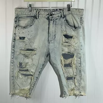 Smoke Rise R19911 Blue Destroyed Fashion Denim Shorts Mens 38 Paint Splatter • $25