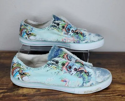 Y2K 2000s Don Ed Hardy Baby Blue Laceless Slip-on  Sneakers Shoes Men's Size 11 • $39.95