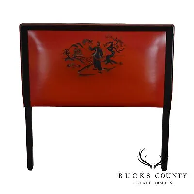 Mid Century Asian Influenced Red & Black Vinyl Twin Headboard • $395