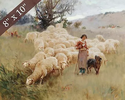 Vintage Girl With Sheep Landscape Painting Giclee Print 8x10 On Fine Art Paper • $14.99