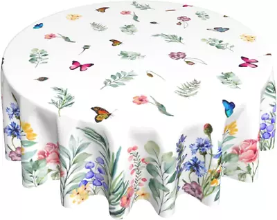 Spring Summer Floral Tablecloth Round 60 Inch Watercolor Butterfly Flower Table  • $29.61