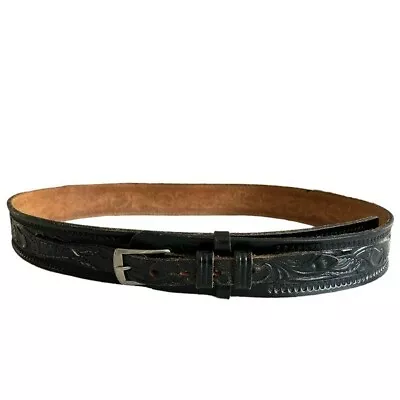 Vintage Looper Men's Black Tooled Leather Western Silver Buckle Belt • $34.99