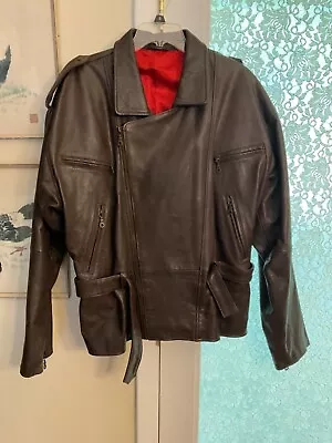 VTG 1990s Aviator Or Bikers Leather Jacket Sz 50 W/Red Lining Espresso Black • $100