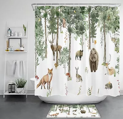  Rustic Forest Deer Bear Fox Wild Animal Shower Curtain Bathroom Accessories Set • $36.69