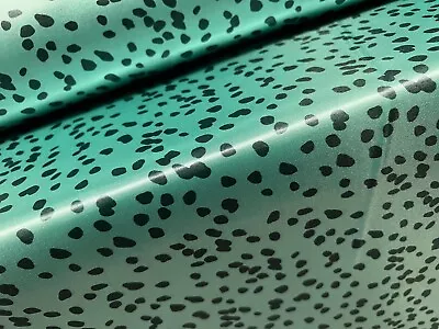 Silky Satin Woven Dress Fabric Per Metre - Dalmatian Print - Turquoise & Black • £4.99