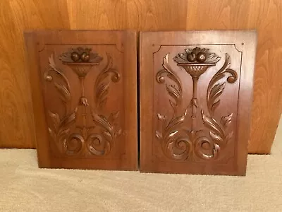 French Architectural Wood Door Panels S/2 Hand Carved Cabinet Doors Mahogany • $495