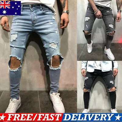 Mens Skinny Ripped Hole Denim Pants Casual Frayed Stretchy Jeans Knee Trousers • $36.18
