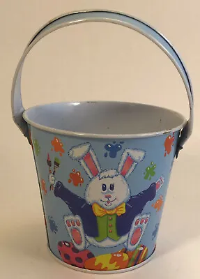 Tin Basket - Easter Bunny Coloring Eggs - Metal Sand Pail Bucket Rabbit Litho • $12.99