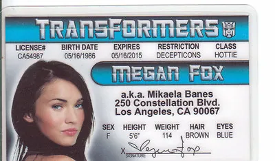 MEGAN FOX ID Card Drivers License - TRANSFORMERS Teenage Ninja Mutant Turtles • $8.96