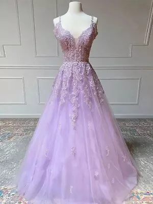 Lilac Off-Shoulder Corset-Back Elegant Floral Lace Applique Prom Dress • £105
