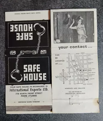 Vtg MATCHBOOK MATCHCOVER MILWAUKEE WI SAFE HOUSE INT'L EXPORTS Pinup Handcuffs • $7.95