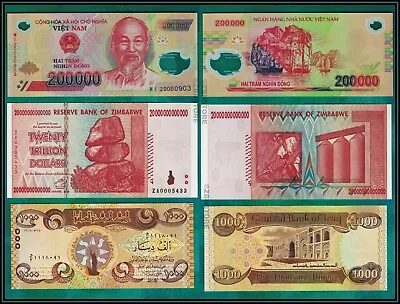 20 Trillion Dollars Zimbabwe 1000 Dinars Iraq 200000 Dong Vietnam UNC Currency • $71.99