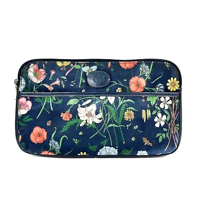 Vintage GUCCI Clutch Bag Pouch Purse Flora Flower Navy Black Canvas Authentic • $220