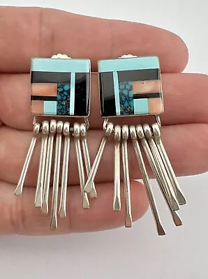 Vtg Navajo Sterling Silver Multi Gemstone Flush Tassel Dangle Earrings 2 1/8  • $137.08