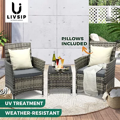 Livsip Outdoor Furniture Setting 3 Piece Wicker Bistro Set Patio Chairs Table • $229.90