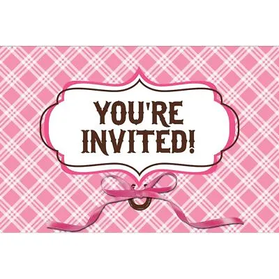 8 X Pink Check Horse Shoe Invitations & Envelopes Girls Birthday Party Invites • £4.25