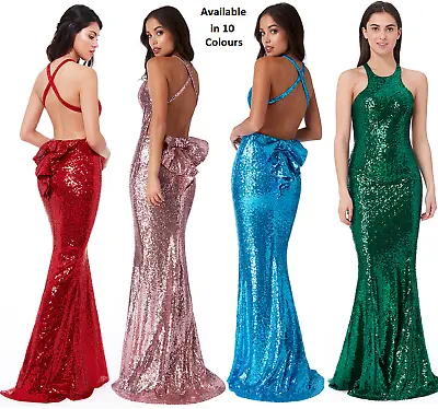 £49.99 • Buy Goddiva Sequin Backless Bow Detail Fishtail Party Evening Prom Dress Bridesmaid