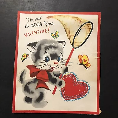 Vtg Valentine Card Cute Blue-Eyed Kitten Red Bow W/Net Catching Butterflies • $5