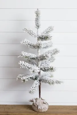 New Primitive Farmhouse SNOWY FLOCKED FEATHER TREE Burlap Base 3 Ft. • $35.95