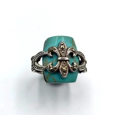 Vintage Sterling Silver Faux Turquoise Marcasite Fleur De Lis Ring France Nola • $44