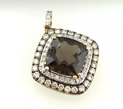 14k Solid Yellow Gold Diamond & Smoky Quartz Square Pendant • $319.99