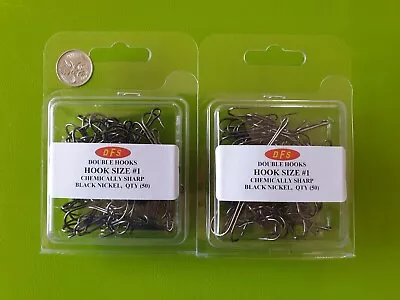 100x DFS Size 1 DOUBLE Fishing Hooks Black Nickel Chemical Sharp. • $16.74