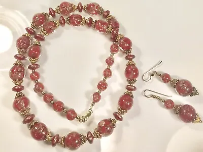 Murano Venetian Vintage Glass Red Gold Foil Beaded Set (c713a) • $149.99