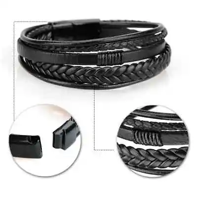 £6.49 • Buy Men's Leather Bracelet Black Wristband Stainless Steel Clasp Jewellery Gift New