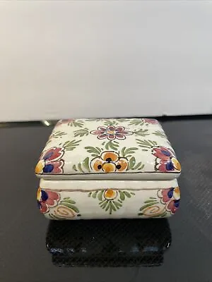 Vintage 70's Delft Polychrome Floral Pattern Rectangle Lidded Trinket Box • $39.99