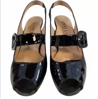 $45 • Buy Anyi Lu Tulip Slingback Black Patent Lthr Pumps Croc Heel Peep Toe 38.5 US 8.5