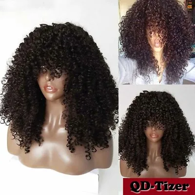 Synthetic No Lace Wigs Heat Resistant Kinky Curly Hair Full Bangs Natural Black • $19.90