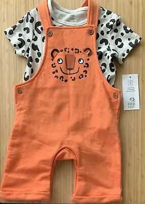 Baby Dungarees Outfit Orange Dungarees And Animal Print Bodysuit Vest 12-18 M • £6.50