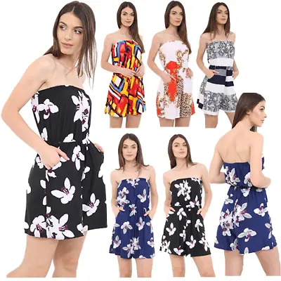 £9.99 • Buy Women Ladies Strapless Bandeau Boob Tube Playsuit Mini Pockets Summer Jumpsuits