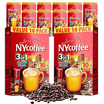 NY Coffee 3 In 1 Instant White With Sugar 100 Sachets Sticks (10x10pk) • £16.99