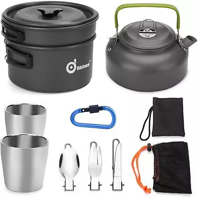 Camping Cookware Mess Kit Lightweight Pot Pan Kettle With 2 Cups Fork Spoon... • $52.56