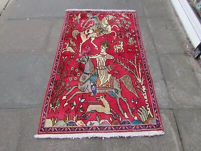 Vintage Hand Made Traditional Oriental Wool Red Small Rug 148x93cm Hunting • £165