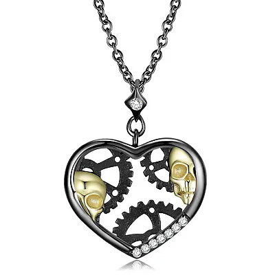 $25 • Buy 925 Sterling Silver Black Rhodium CZ Skull Gear Heart Pendant Necklace Gothic